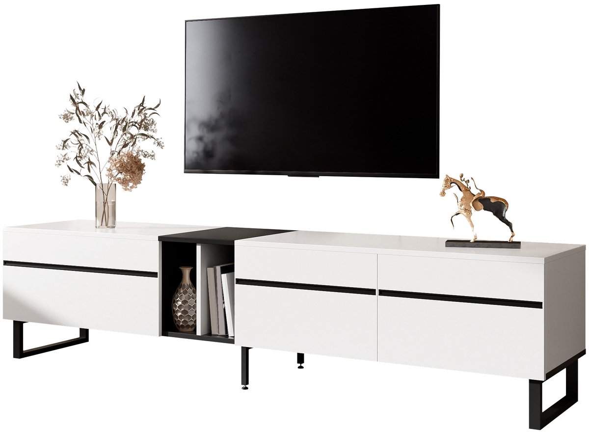 Merax TV-Meubel - Wit - 180 Cm - Met Klapvak - Open Vak - Twee Deuren - Veel Opbergruimte