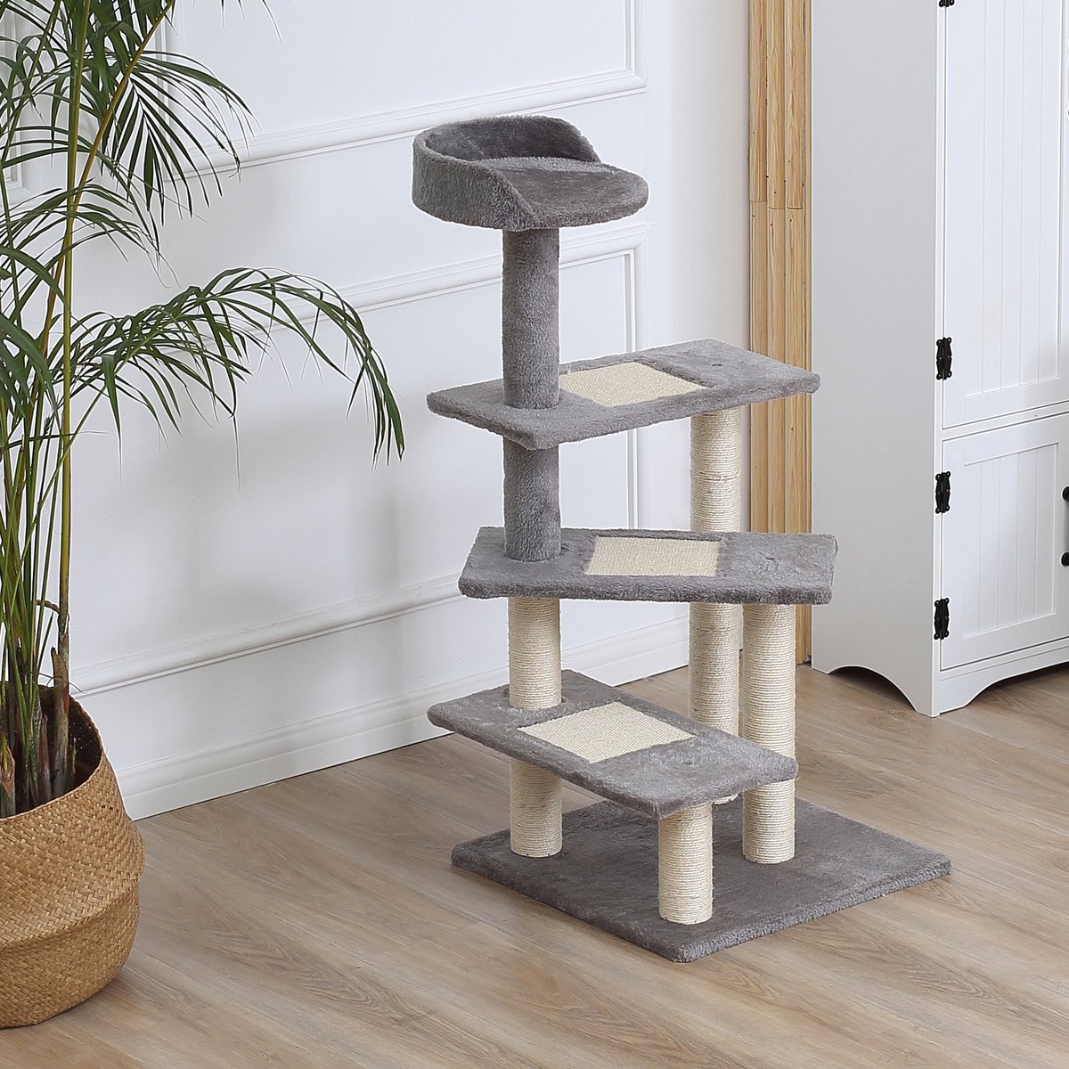 Krabpaal van 100 cm met sisalpalen-groot platform-krabpaal met meerdere niveaus-klimtoren-voor kleine katten-beige+grijs thumbnail 4