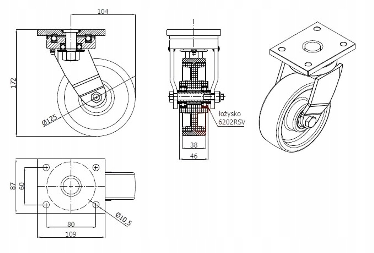 Zwenkbaar Wiel Polyamide-Polyurethaan 125mm 300kg