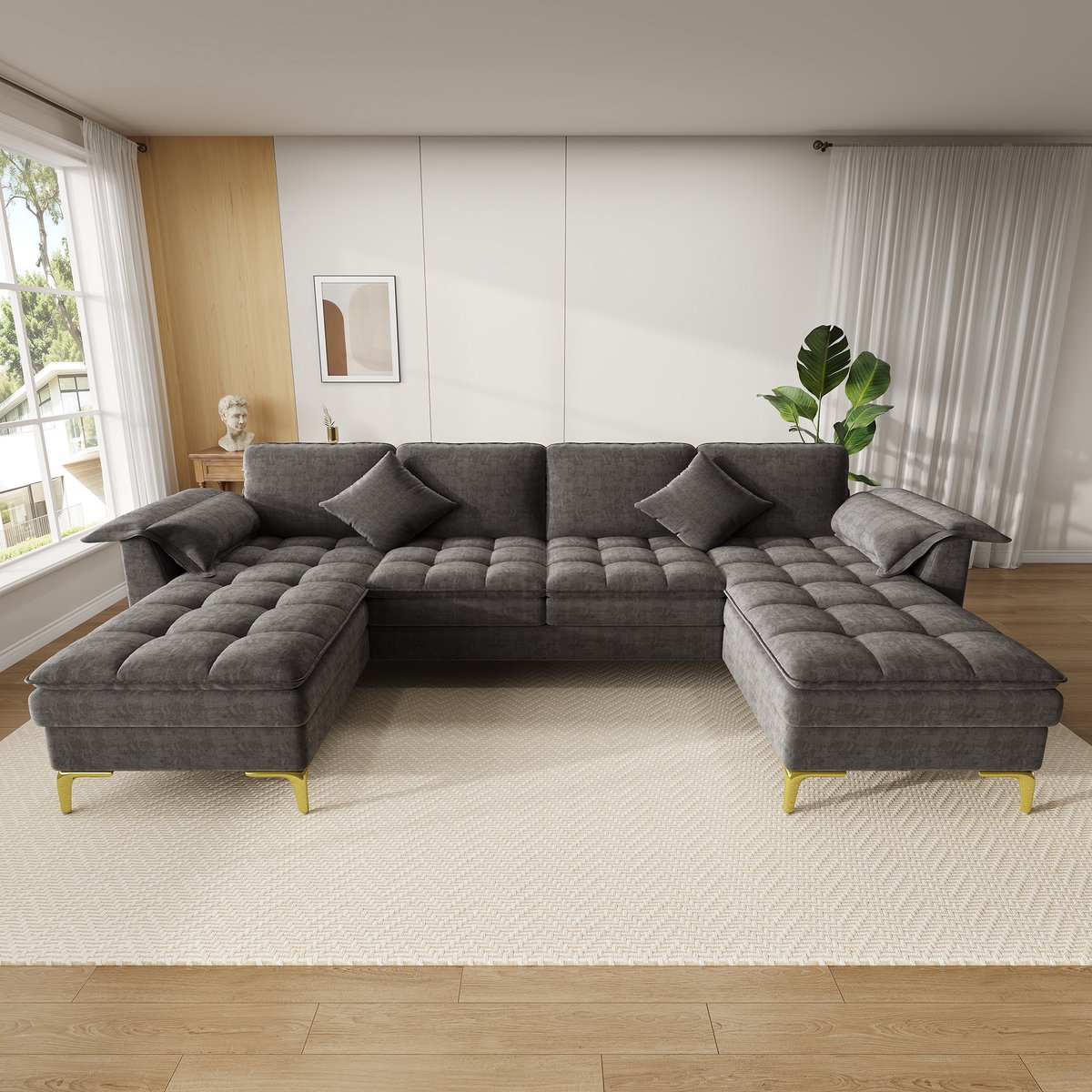 VVBV Hoekbank 262x134x86 cm - 2 Chaise Longues, Modulair Ontwerp, Dubbele Schuimkussens, Ergonomisch - Grijs, Chenille/Metaal