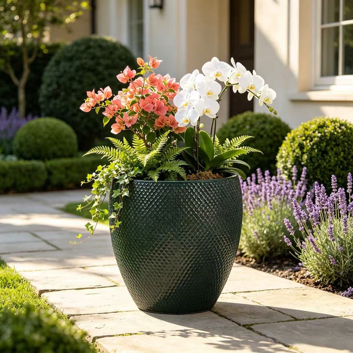 VVBV Bloempot 46x46x53 cm - Vorstbestendig, Ruitpatroon, Hoogglans - Zwart, Keramiek