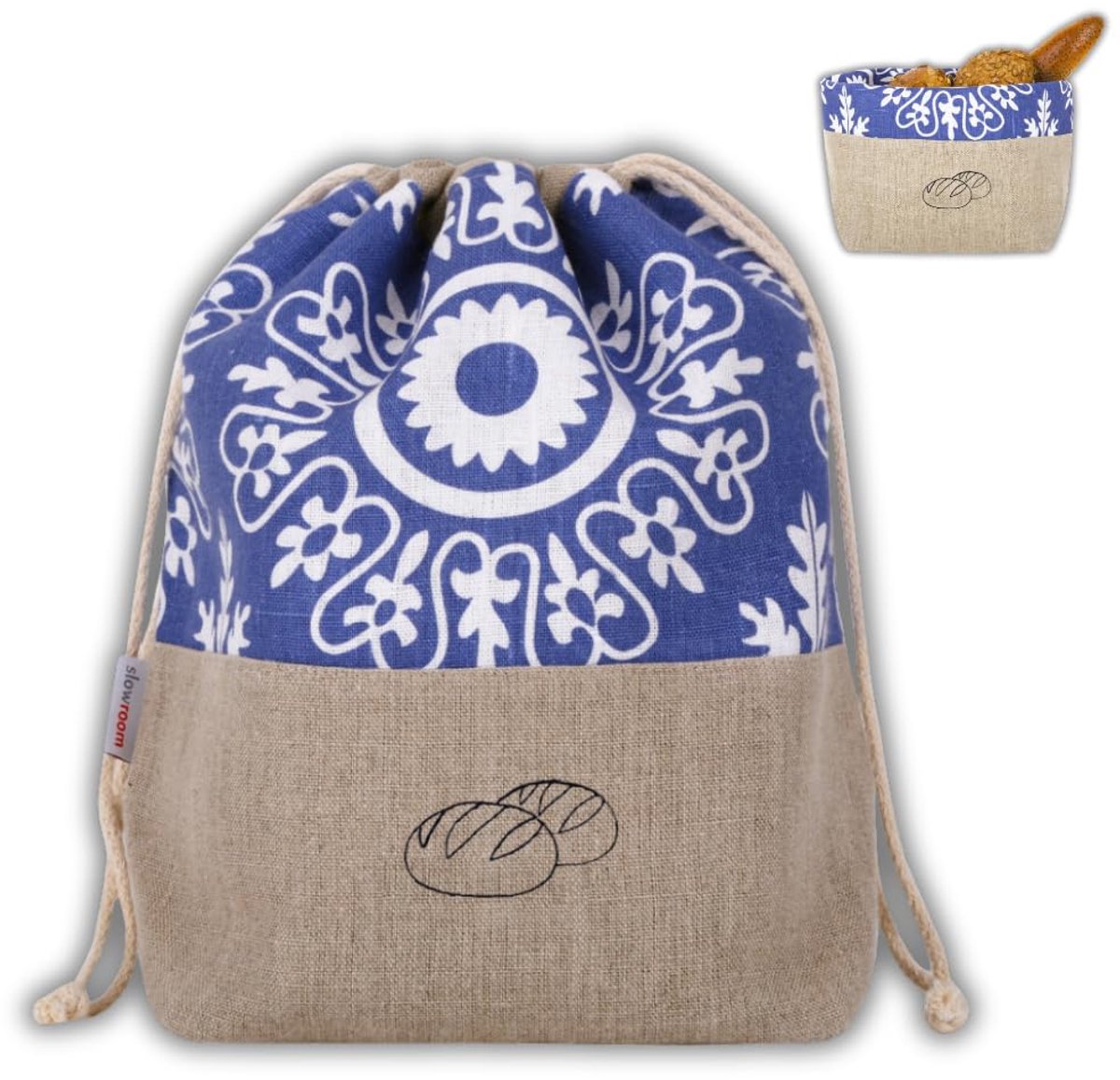 Famanu – Broodzak en broodmand 2-in-1, 30 x 34 cm, stoffen broodmand in Azur, ademend en decoratief