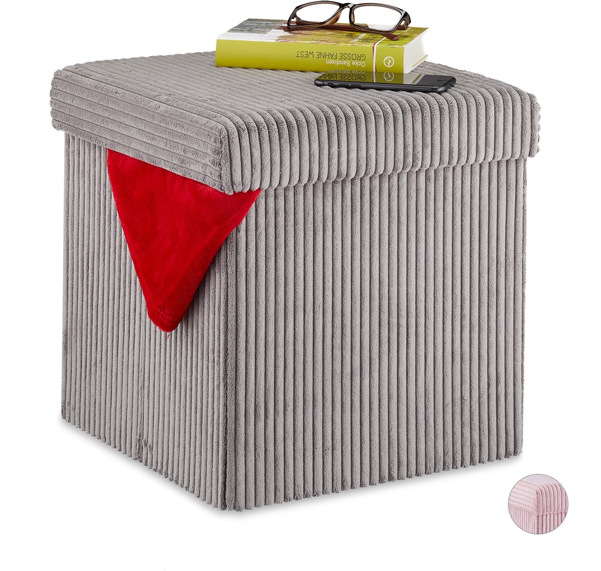 Famanu – Opvouwbare poef met opbergruimte, fluwelen hocker, vierkant met deksel, 38 x 38 x 38 cm, grijs