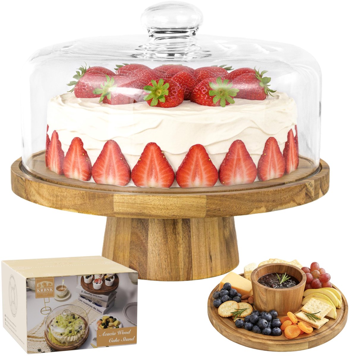 Famanu – Taartstandaard met glazen deksel, 30 cm taartstandaards met koepeldeksel, 2-in-1 houten taartstandaard en charcuteriebord, multifunctionele taartplaat, taartdisplay voor verjaardagsfeest, bruiloft