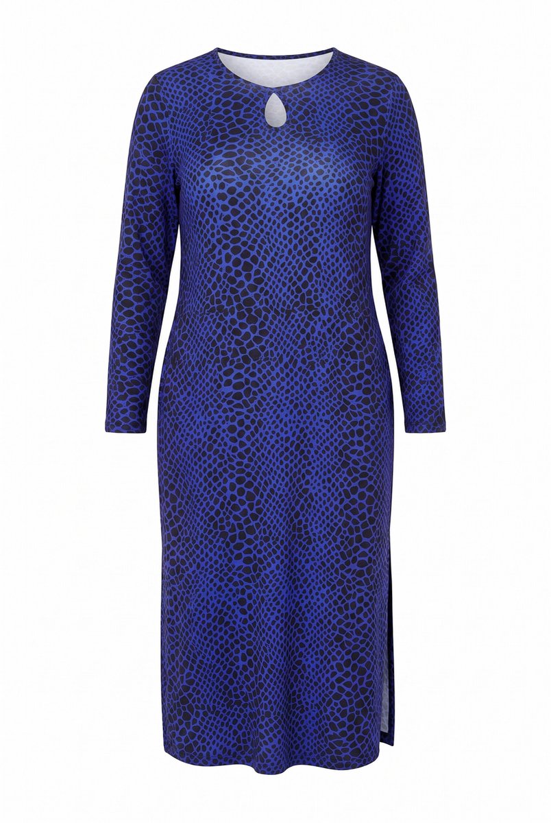 Ulla Popken - Dames - Maxi-jurk grafische print ronde hals lange mouwen - Zwart - Maat 50+