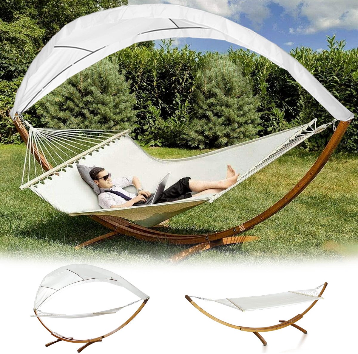 Famanu – Outdoor houten hangmat met dak en hangmatframe, 200 x 150 cm, voor 2 personen, belastbaarheid 200 kg