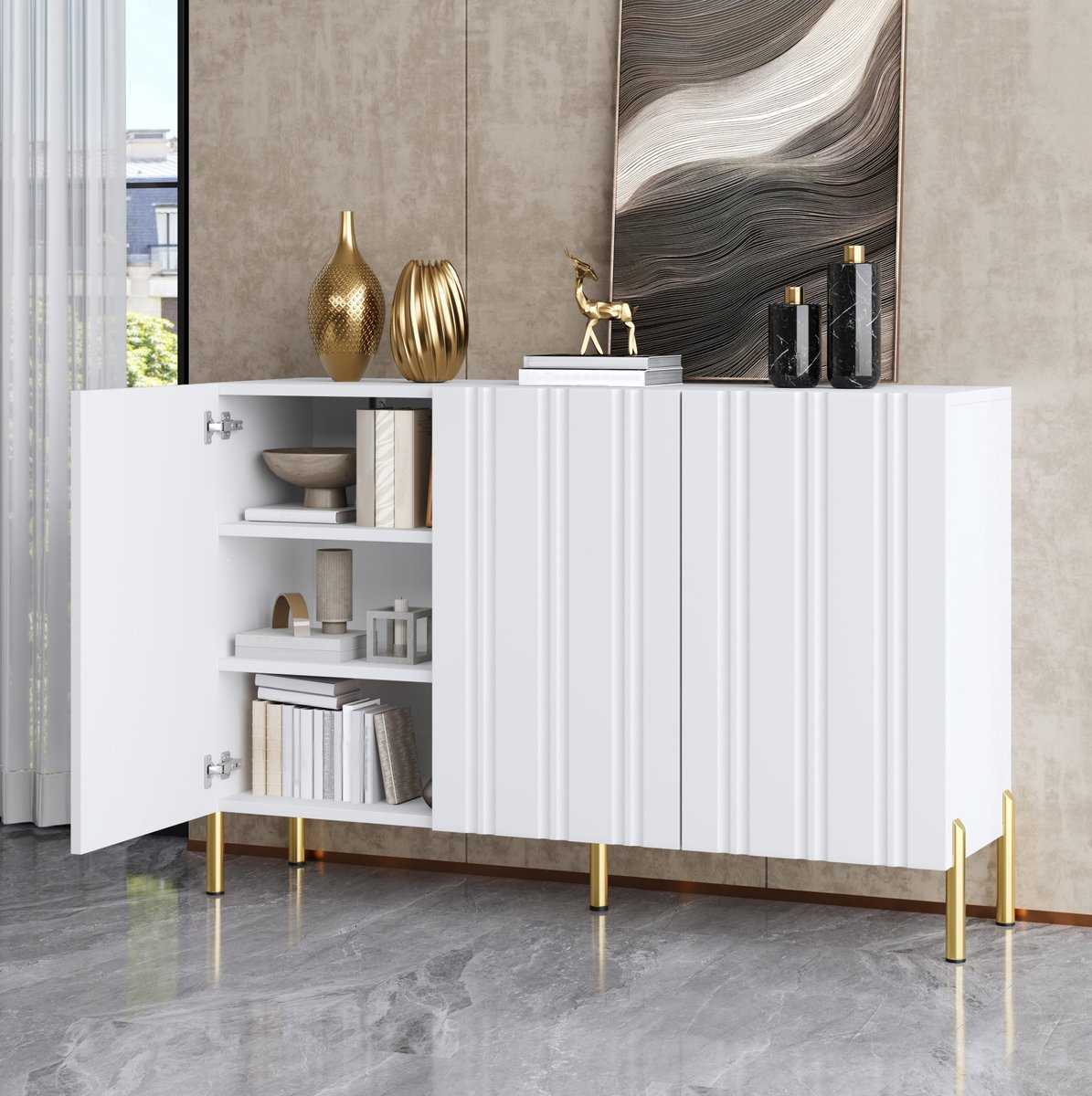 FloraGrace Schoenenkast - 3 Deuren Met Verticale Groefstructuur - Voor Hal En Woonkamer - MDF En Spaanplaat - 120x35.5x80 Cm - Wit