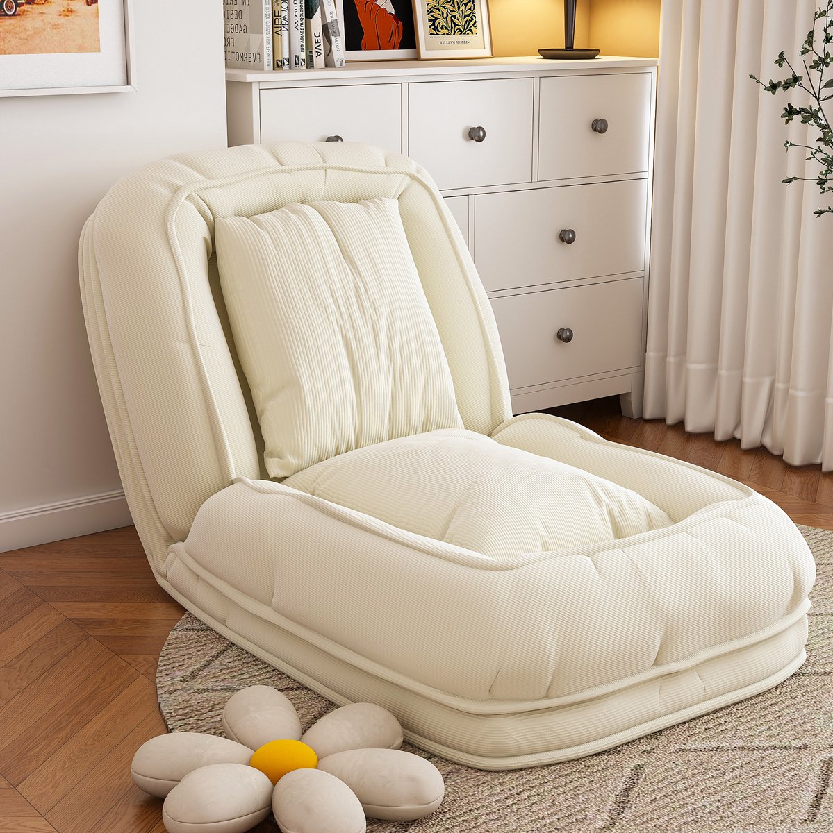 DESMIU Zitzak - Klapbare Sofa Bed - 5 Voudig Verstelbaar - Voor Woonkamer, Slaapkamer En Leeshoek - Corduroy - Off White