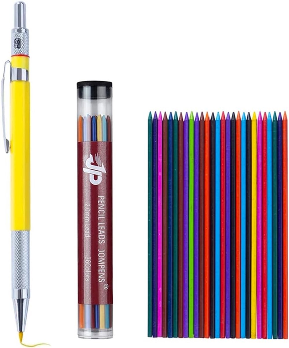 Vulpotloodset - Zwart, Rood, Blauw, Geel - 2,0 mm - Met 36 Kleurvullingen - Voor Kunsttekenen en Schetsen