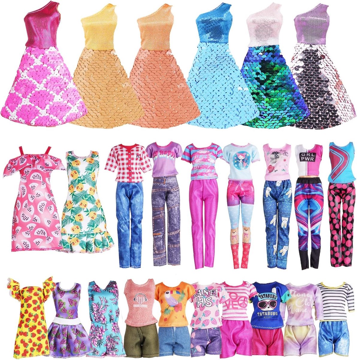 12 Poppenkleding en Accessoires voor 11,5 Inch Meisjespoppen - 3 Paillettenjurken, 3 Bloemenjurken, 6 Tops en 6 Broeken (Random)