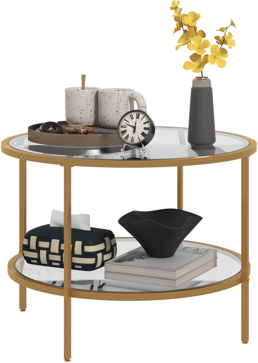 Homcom ronde bijzettafel met glazen blad - Sidetable - Salontafel - Goud Gold