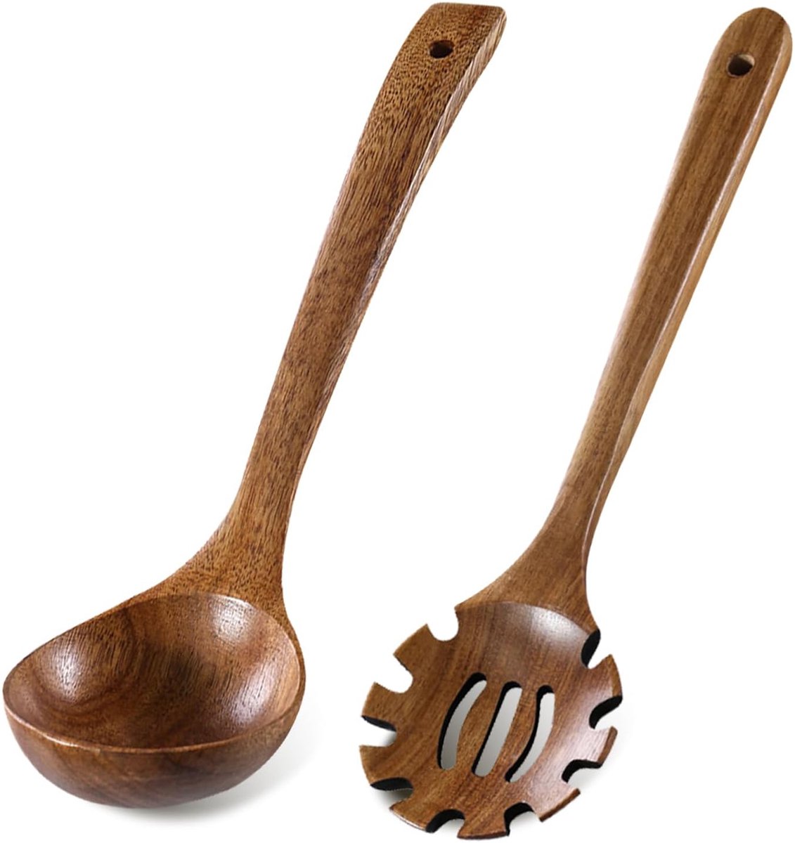 Houten soeplepel en pastalepel set- 2-delige houten soeplepel-2-delige houten soeplepel set met soeplepel en pastalepel- glad natuurlijk hout voor koken- serveren en afgieten.