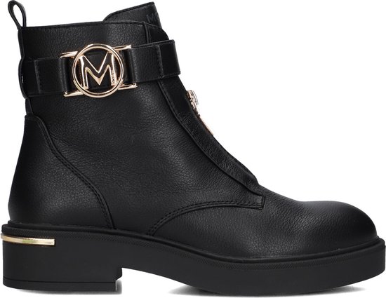 Zwarte Mexx enkellaars met gouden 'M' gesp, ritssluiting en gouden detail op de zool.