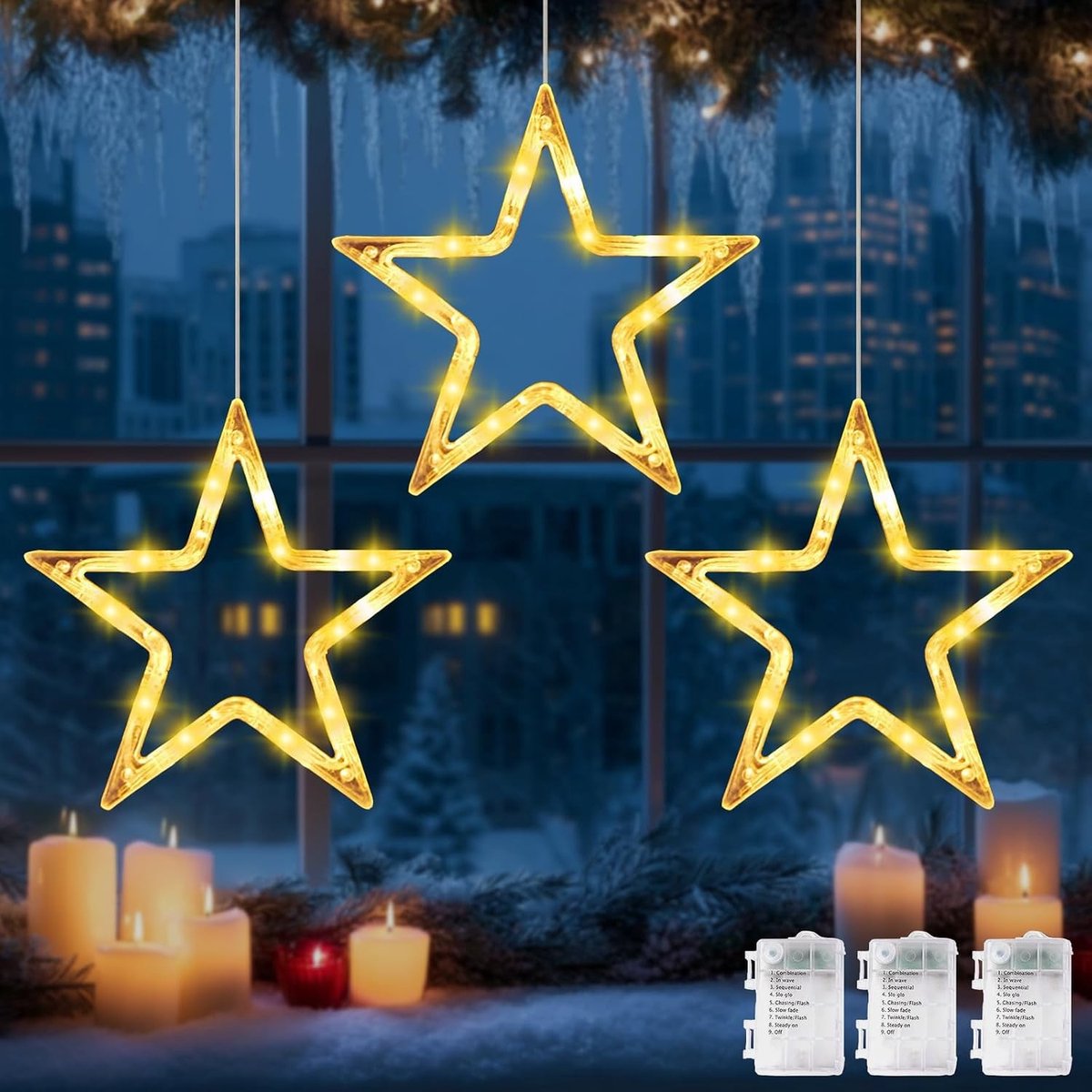 Kerstverlichting Sterren, 3 Stuks Decoraties voor Raam, 30 cm Grote Metalen Sterren, LED Poinsettia Verlichting voor Feestdagen en Kerstdecoratie