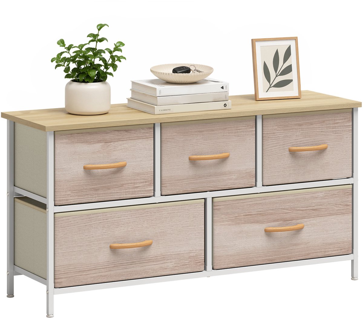 Homcom Ladekast met 5 Lades - Commode - Opbergkast - Dressoir - Naturel en Wit natuurhout en wit