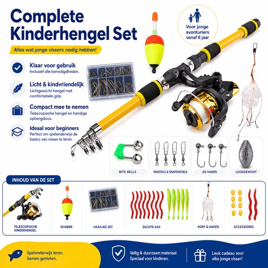 Kinderhengel Set - Telescopische Vishengel - Met werpmolen en Draagtas - Visset voor Beginners en Kinderen - Hengelsport Cadeau voor Jongens en Meisjes - Geel — afbeelding 5