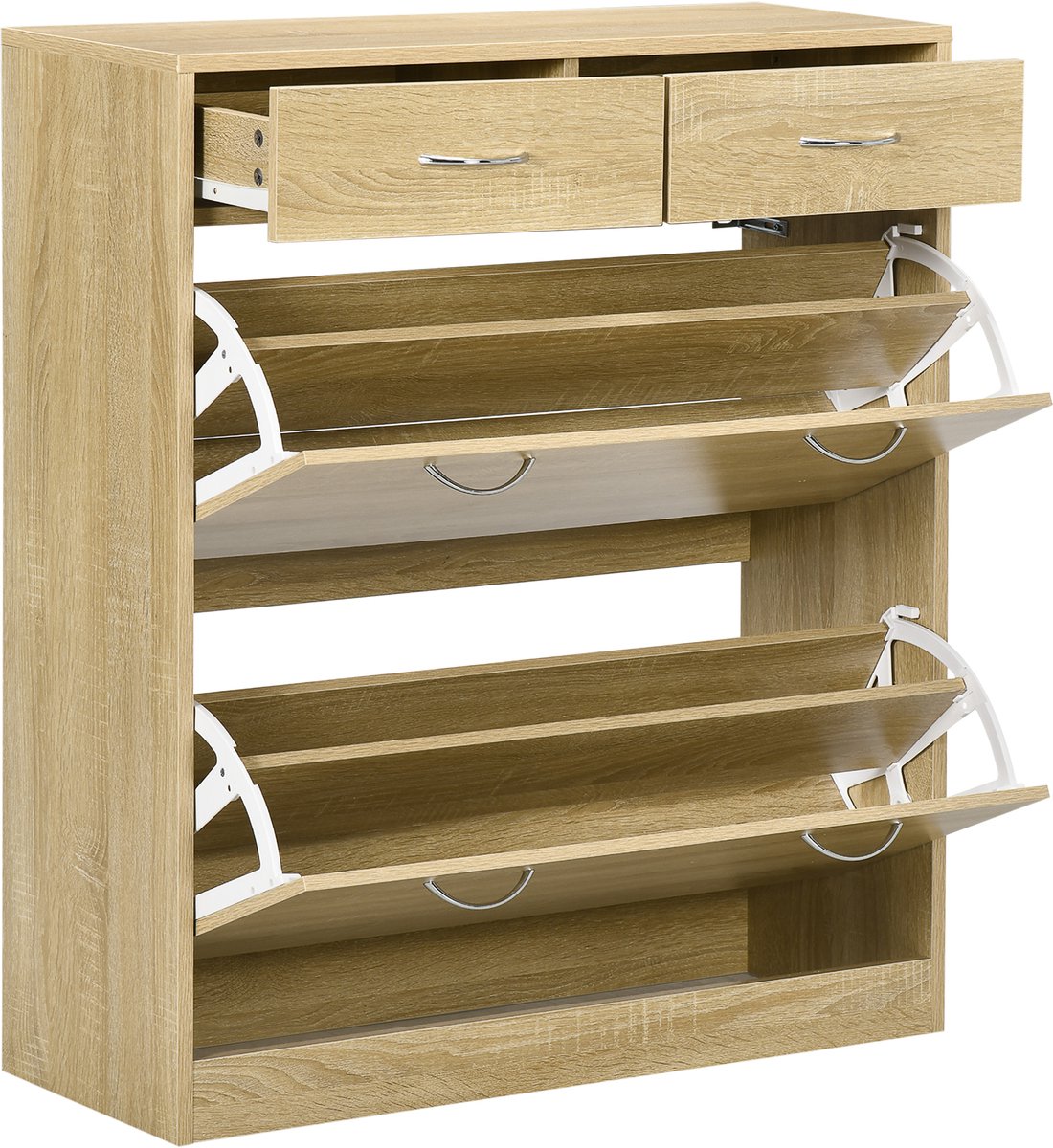 Schoenenkast, 2 laden en 2 vleugeldeuren met verstelbare planken, handgrepen van aluminium, 80 x 30 x 91,5 cm, naturel
