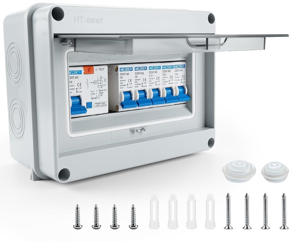 Oppervlakte gemonteerde 5-voudige groepenkast IP65 met FI-bescherming, 63A verdeler voor caravans, garages en werkplaatsen, met 2x6A, 20A, 10A en 32A aansluitingen