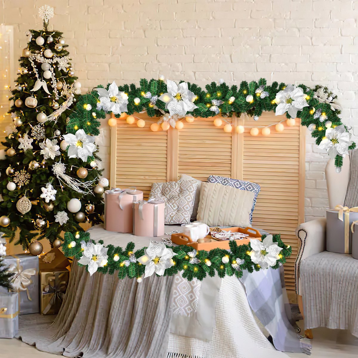 LED-kerstguirlande 2,7 m - zilverkleurig decor - op batterijen – foto 3
