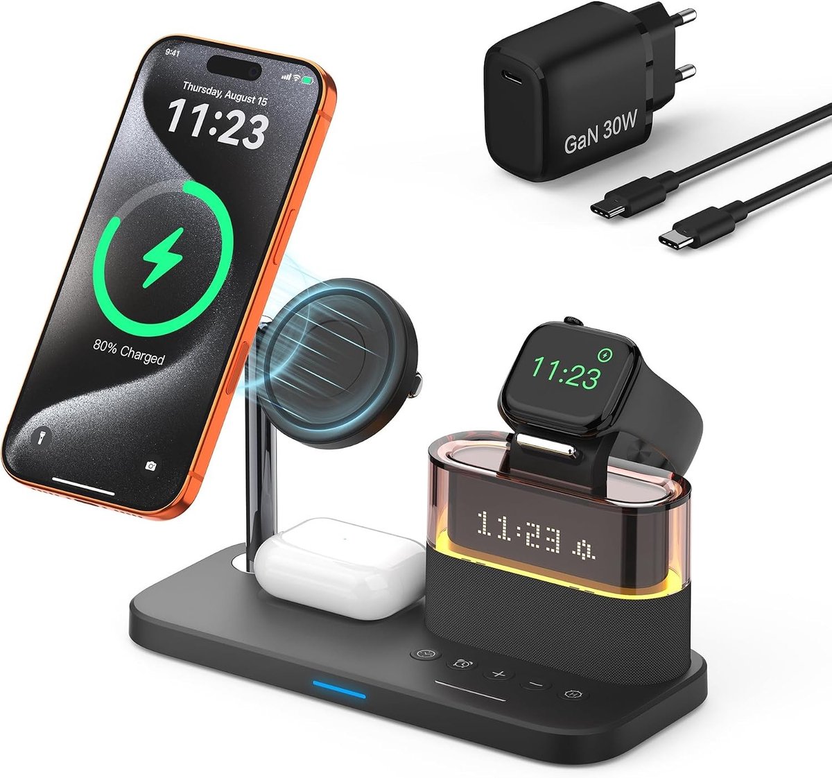 3-in-1 Oplaadstation voor iPhone 16/15/14/13/12 met Alarmklok, RGB Verlichting en Snellader voor iWatch en AirPods, Inclusief PD 30W Adapter