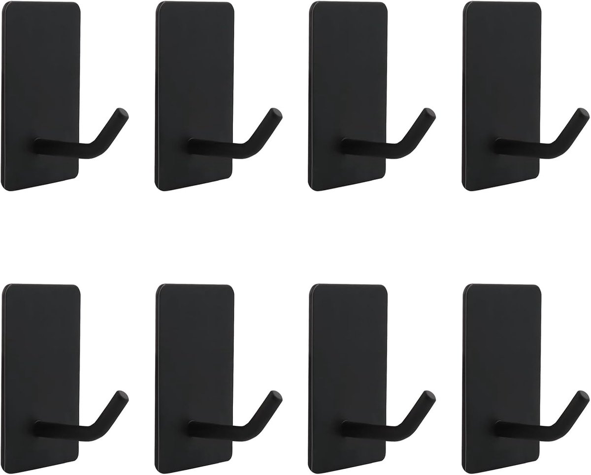 Set van 8 zelfklevende handdoekhaken – Wandhaak zonder boren – Robuust roestvrij staal – Roestbestendig – Sterke hechting voor badkamer, keuken, kantoor en slaapkamer – Zwart