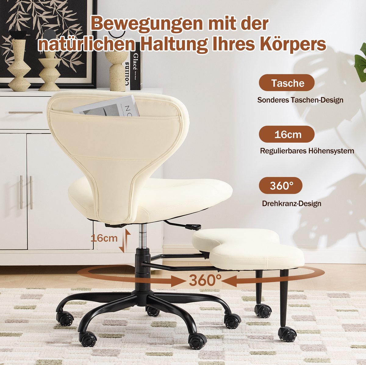 MIVRAY Bureaustoel Kniestoel 64,5 Cm - 360° Draaibaar Met Verstelbare Zithoogte En Rubberen Wielen - Voor Thuiswerk En Meditatie - Leer Wit thumbnail 2
