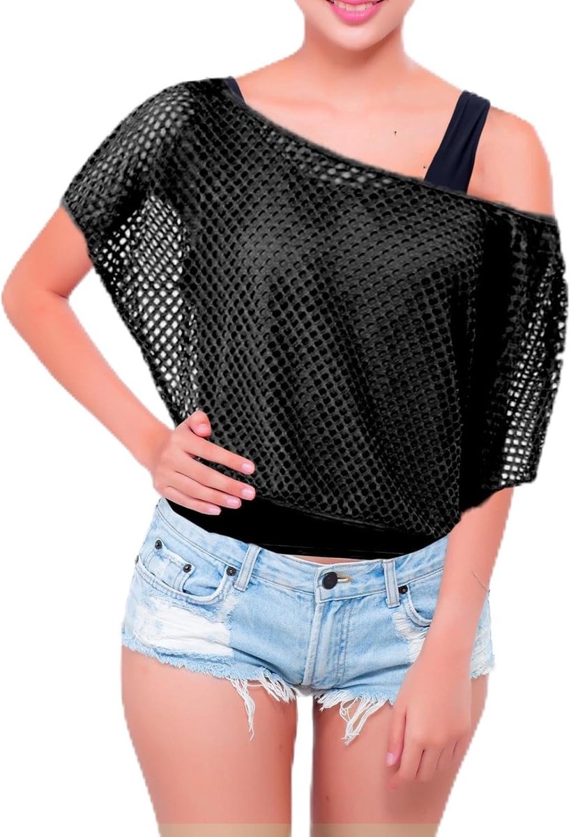 Vrouwelijk neon net shirt en tanktop voor 80s en 90s themafeesten, carnaval en aerobics outfit