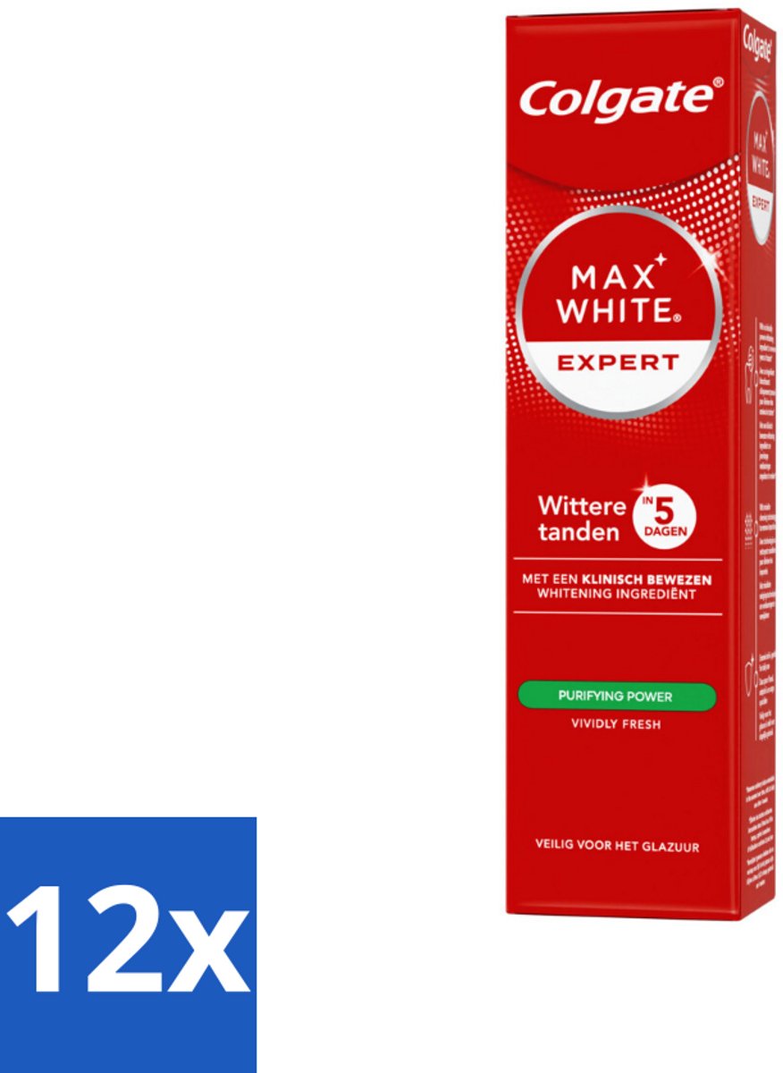 12 x Colgate – Max White Expert Purifying Power – Tandpasta – 75 ml - Tandpasta - Witte Tanden - Glimlach Verhelderen - Waterstofperoxide - Koffie En Thee Vlekken