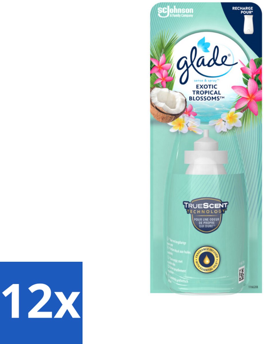 12 x Glade – Sense & Spray Navulling – Exotic Tropical Blossoms – 18 ml - Tropische Geur - Bewegingssensor - Kokos En Bloemen - Luchtverfrisser - Exotische Geur