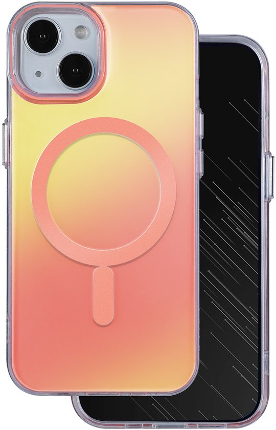 Coque transparente avec un dégradé orange-jaune et un cercle magnétique.