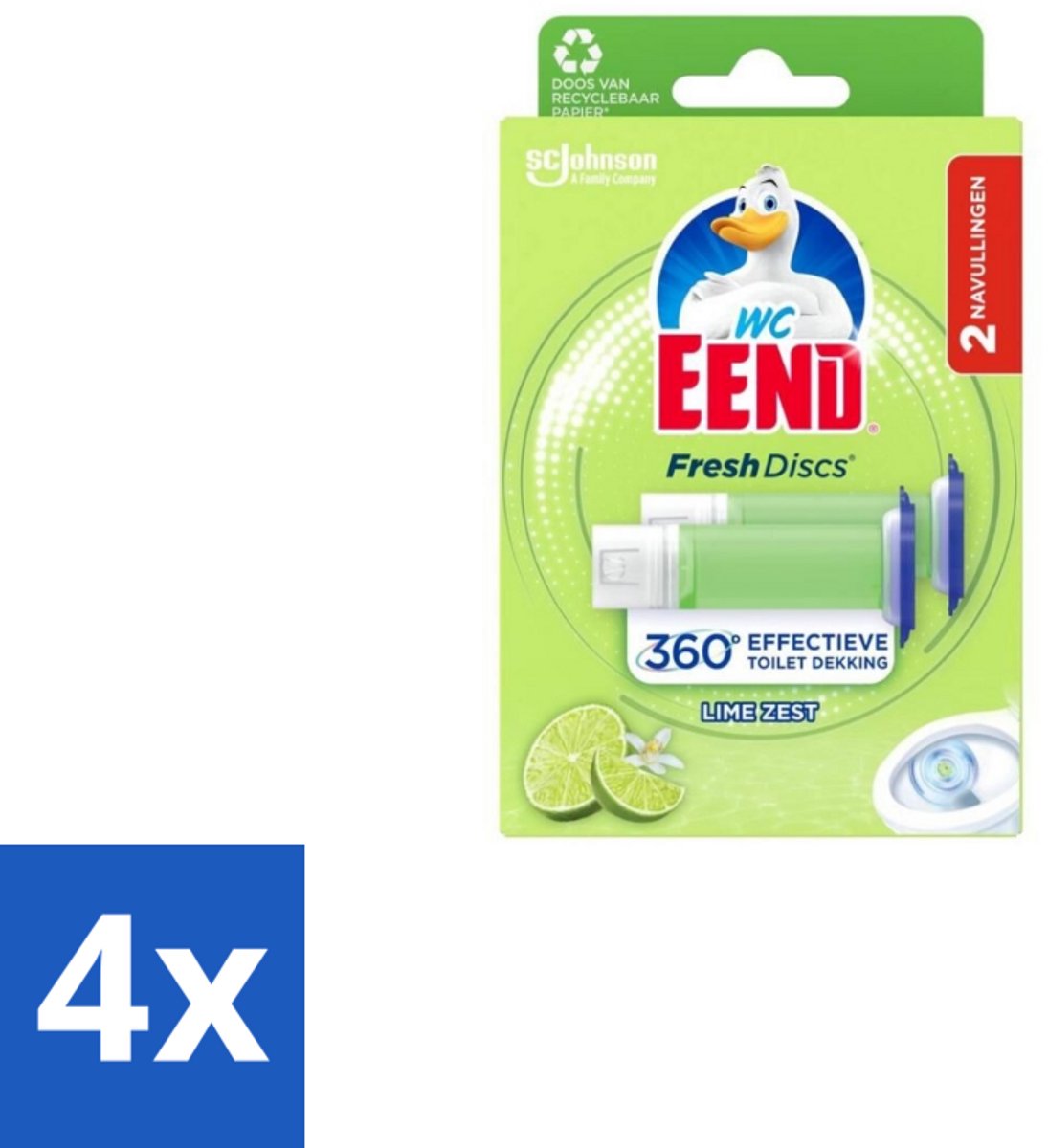 4 x WC Eend – Fresh Discs – Duo Navulling – Lime Zest – 72 ml - Toilet Reinigen - Toilet Hygiëne - Toilet Fris - Toilet Navulling - Toilet Gel Discs