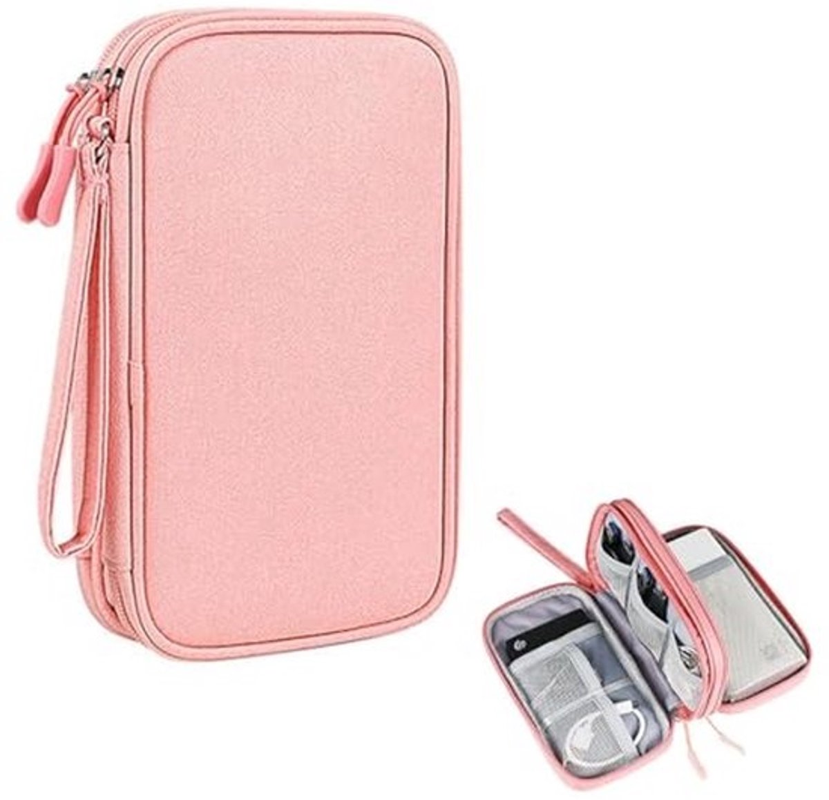 Kabeltas Kleine Elektronica Organizer voor Telefoon, USB-sticks, SD-kaarten, Oplaadkabel, Powerbank - Roze