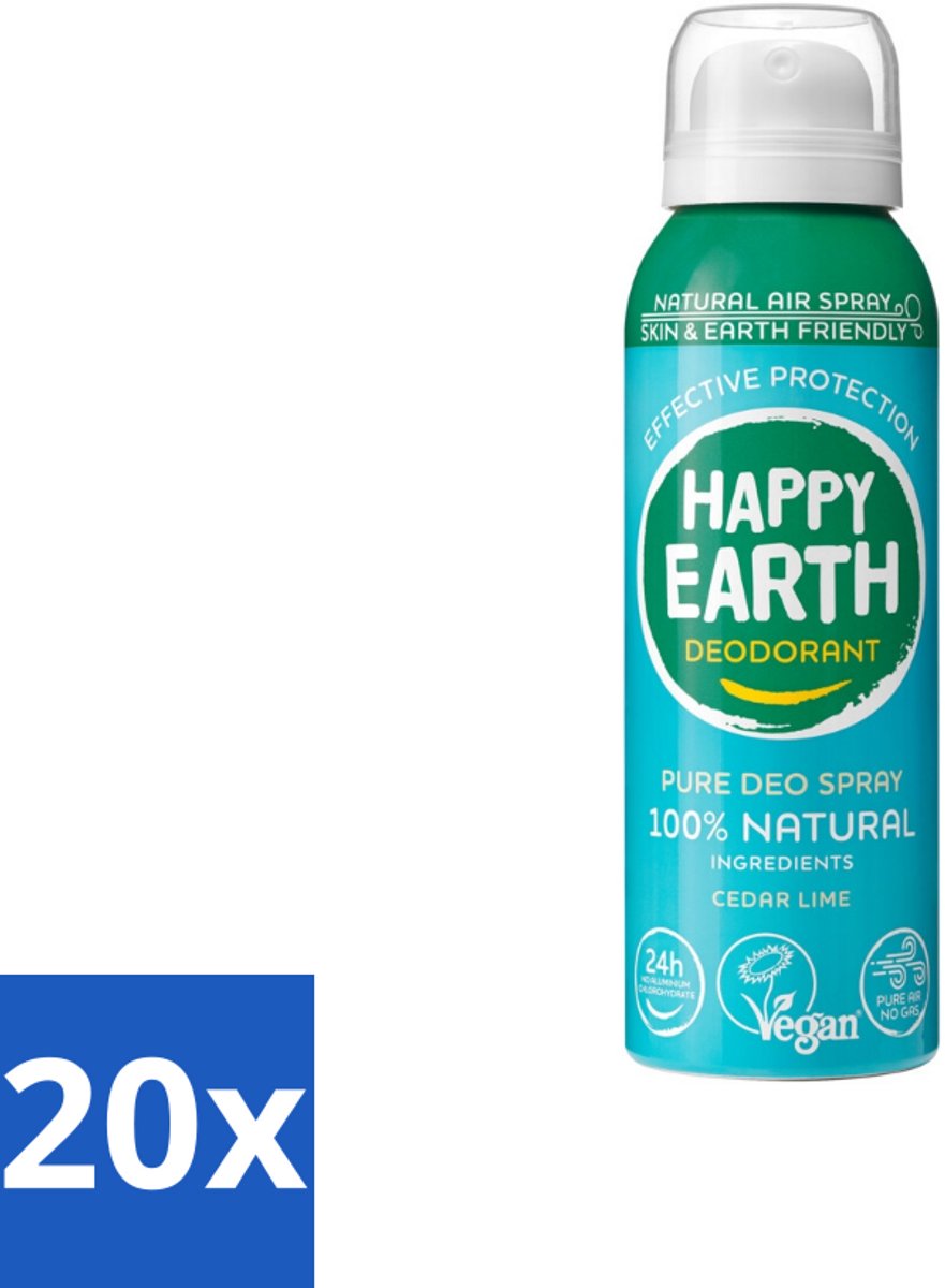 20 x Happy Earth – Deodorant Natural Air Spray – 100% Natuurlijk Cedar Lime – 100 ml - 100% Natuurlijke Deodorant - Ceder Lime Spray - Frisse Geur - Aerosol Deodorant - Natuurlijke Deodorant