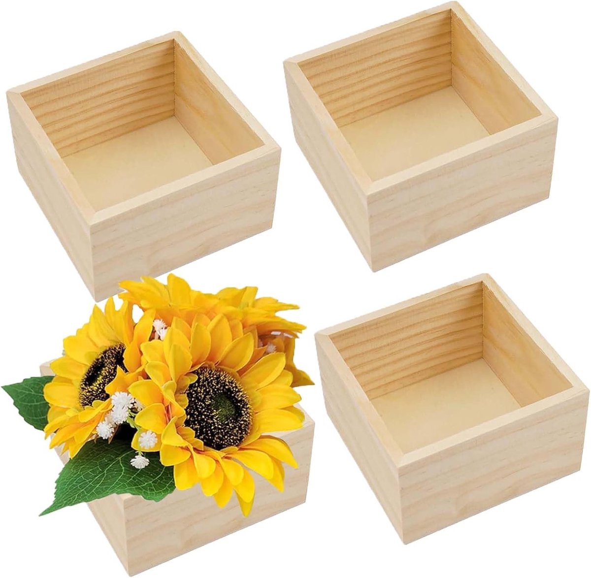 Set van 4 onbeschilderde houten opbergdozen - Vierkante rustieke dozen voor knutselen en decoratie - 10 x 10 x 6 cm - Ideaal voor opslag en organisatie