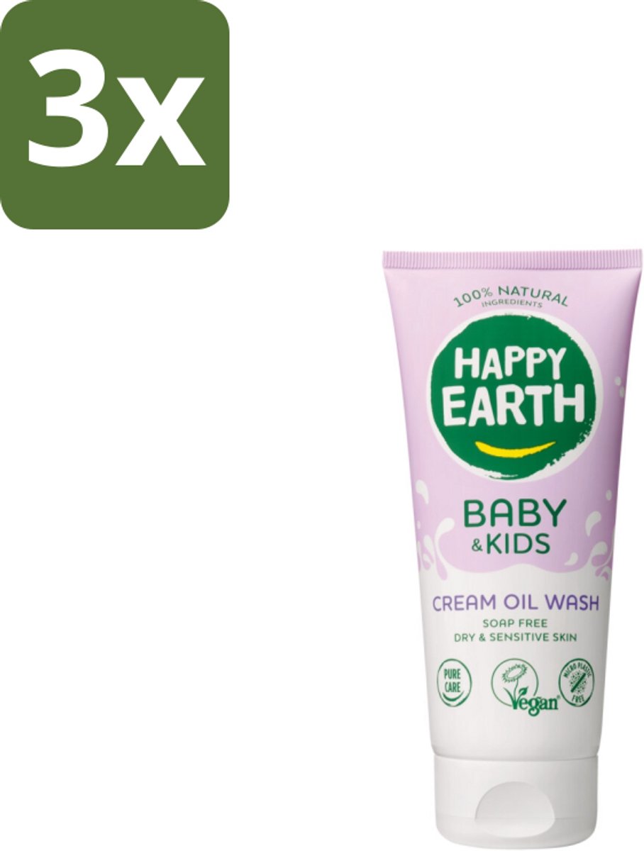 3 x Happy Earth – Cream Oil Wash – 100% Natuurlijk Baby & Kids – 200 ml - Babyolie - Gezichtsolie - Kinderhuidverzorging - Natuurlijke Babyolie - Gezicht En Lichaam Olie