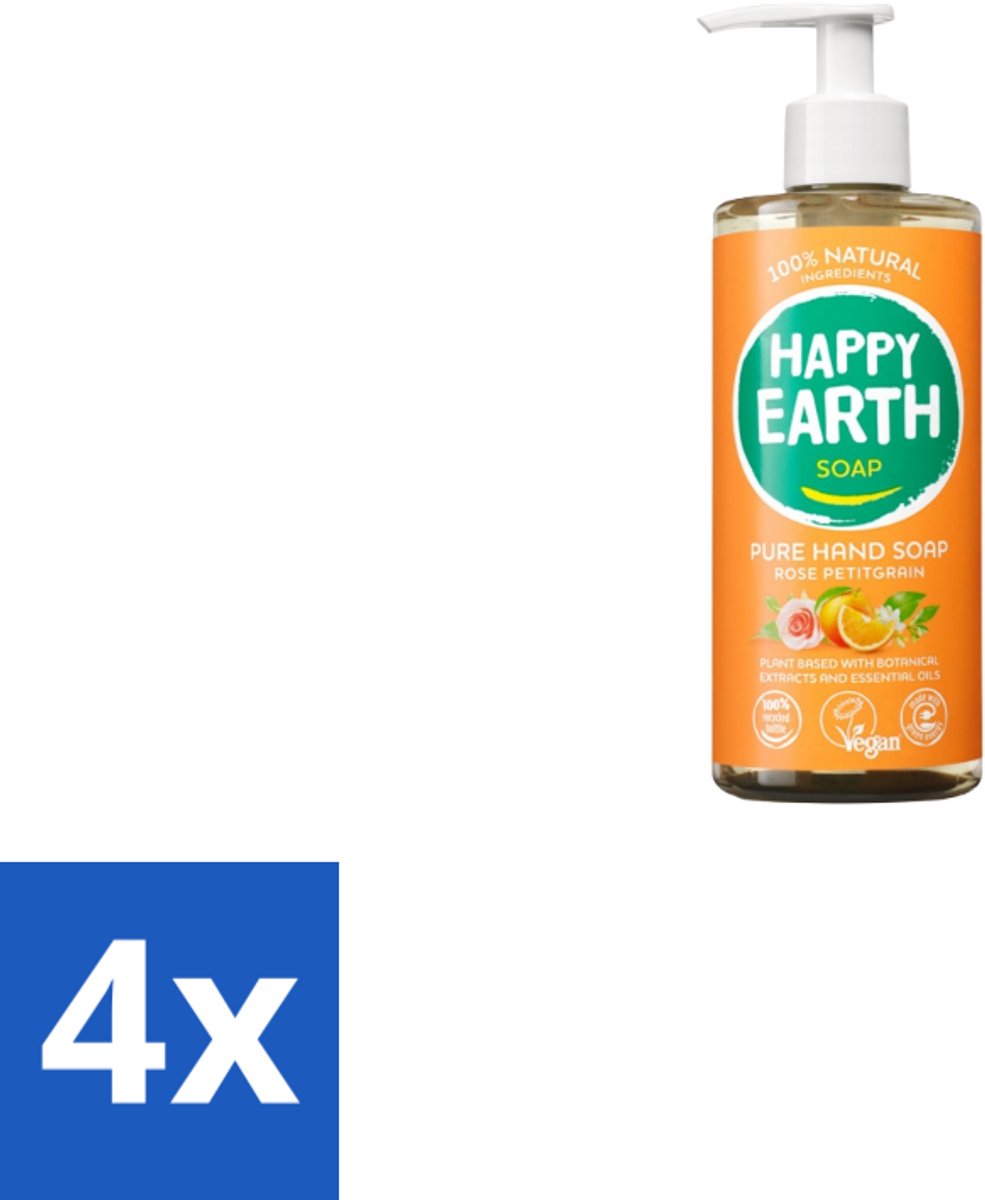 4 x Happy Earth – Handzeep – 100% Natuurlijk Rose Petitgrain – 300 ml - Natuurlijke Handzeep - Vegan Handzeep - Handzeep Met Bloemige Geur - Handzeep Met Frisse Geur - Handzeep Voor Huid