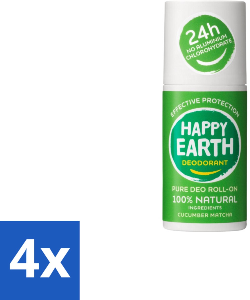 4 x Happy Earth – Deodorant Roll-On – 100% Natuurlijk Cucumber Matcha – 75 ml - Deodorant - Fris - Natuurlijk - Huidvriendelijk - Komkommer
