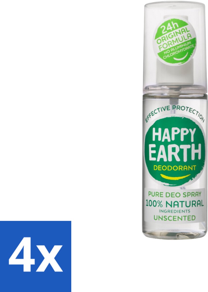 4 x Happy Earth – Deodorant Spray – 100% Natuurlijk Unscented – 100 ml - Geurloos Deodorant - Hypoallergene Deodorant - Natuurlijke Deodorant - Deodorant Voor Gevoelige Huid - Mineralen Deodorant