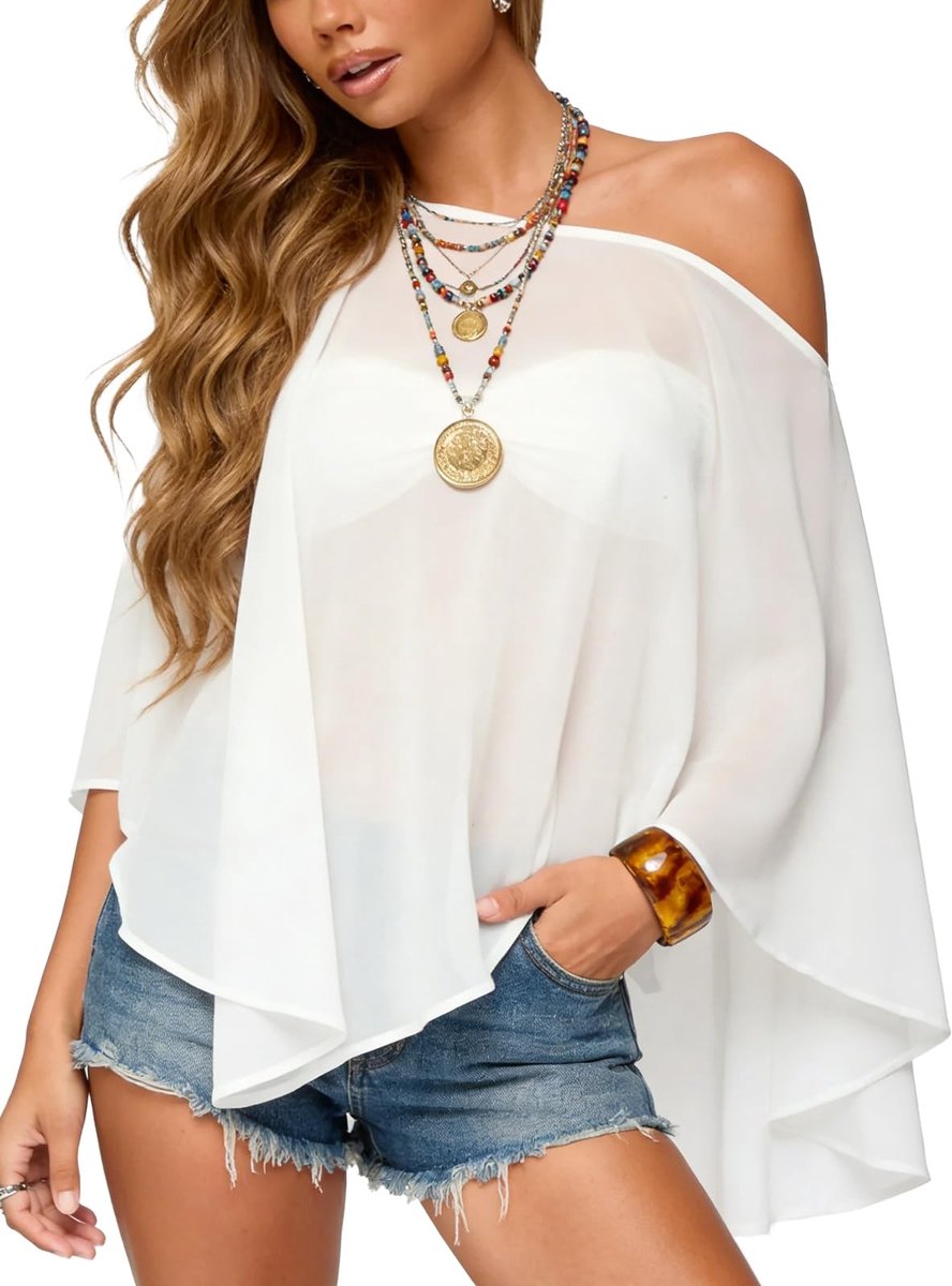 Elzusha- Poncho Dames Off-Shoulder - Chiffon Transparant - Elegant Stola - Vloeiend Design - Perfect voor Festivals - Lichtgewicht en Modern - Cape