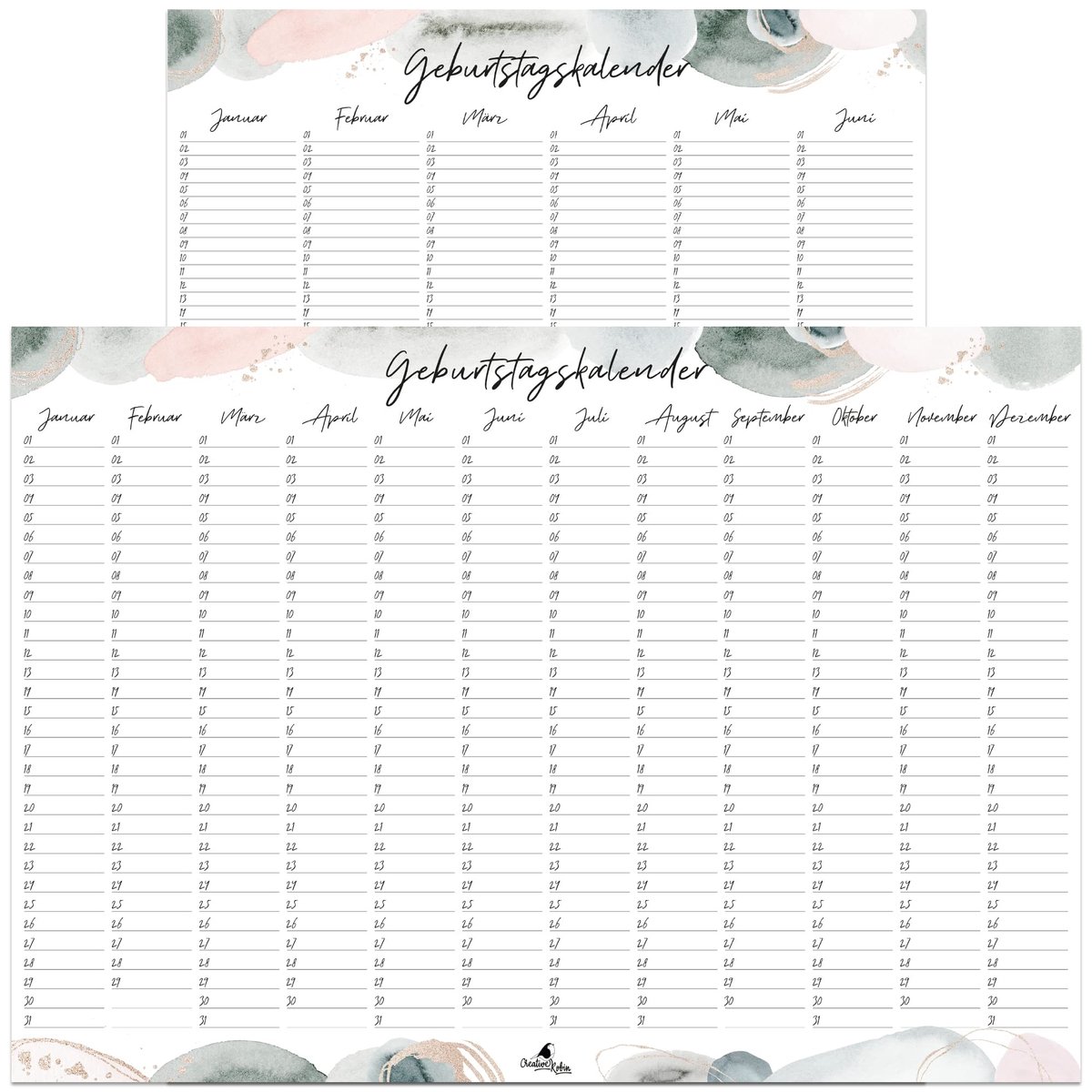 Elzusha - Verjaardagskalender - Scandinavisch waterverf ontwerp A3