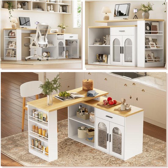 OKWISH Keuken Eiland - 360° Draaibare Tafelplaat - Opbergruimte Met Lade En Planken - Voor Keuken En Kleine Ruimtes - MDF Wit van okwish — afbeelding 5