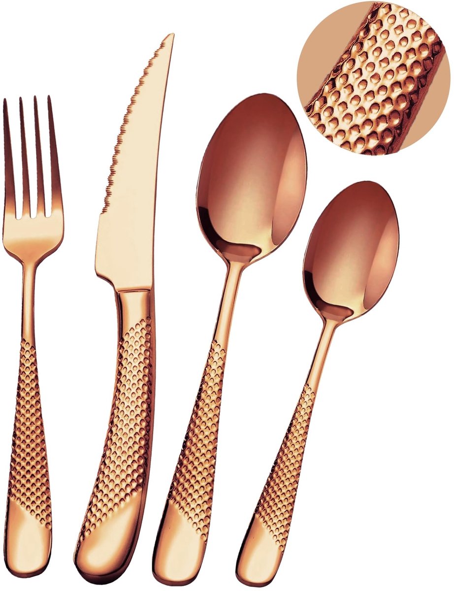 Elzusha - 24-delige Modern Hammered Bestekset in Roségoud voor 6 Personen
