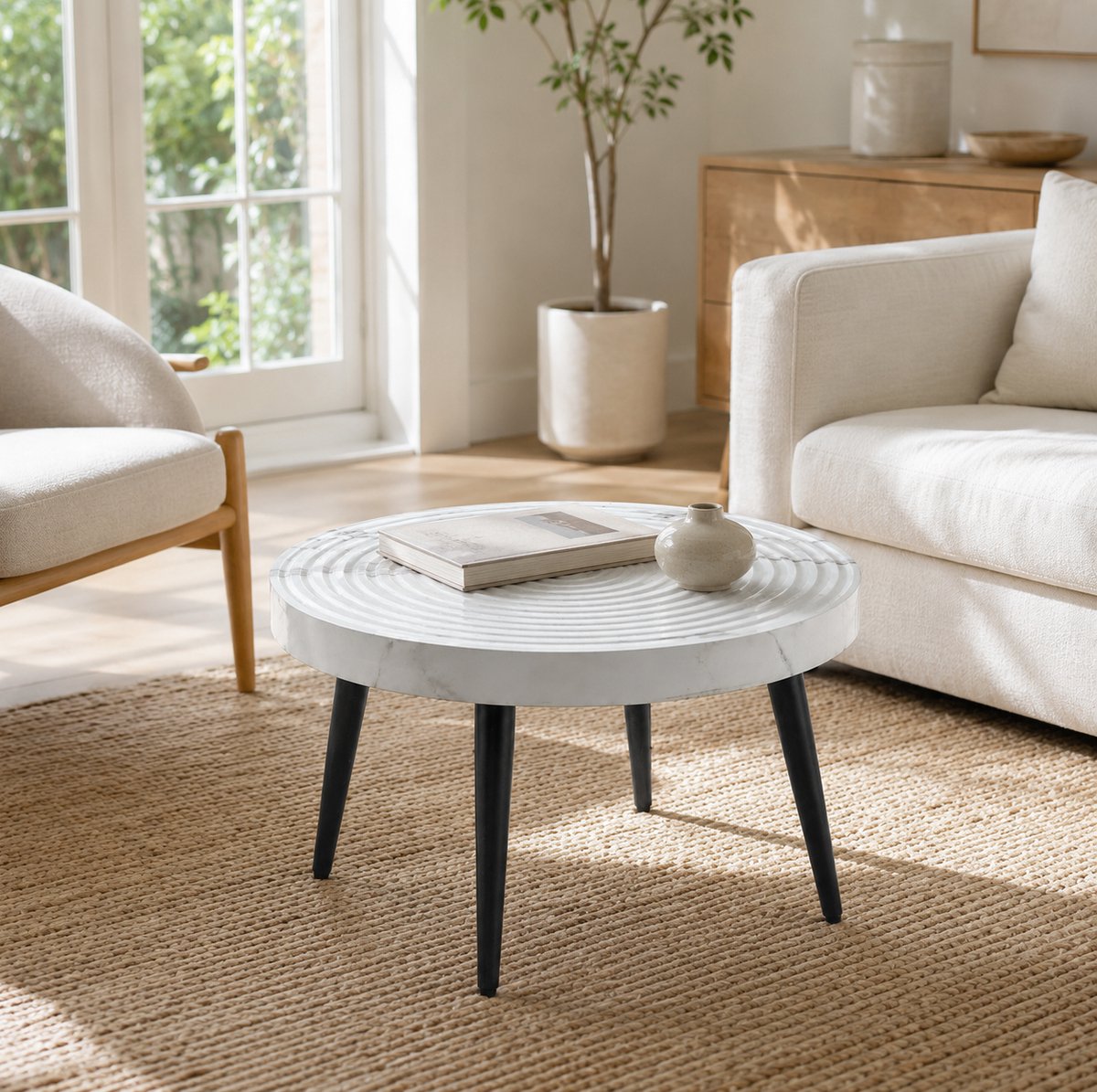 OKWISH Salontafel - Rond - Marmerlook - 5 Cm Dik Blad Met Nerfrillen - Verstelbare Voetjes - Modern Design - Wit - Ø60 X 37 Cm