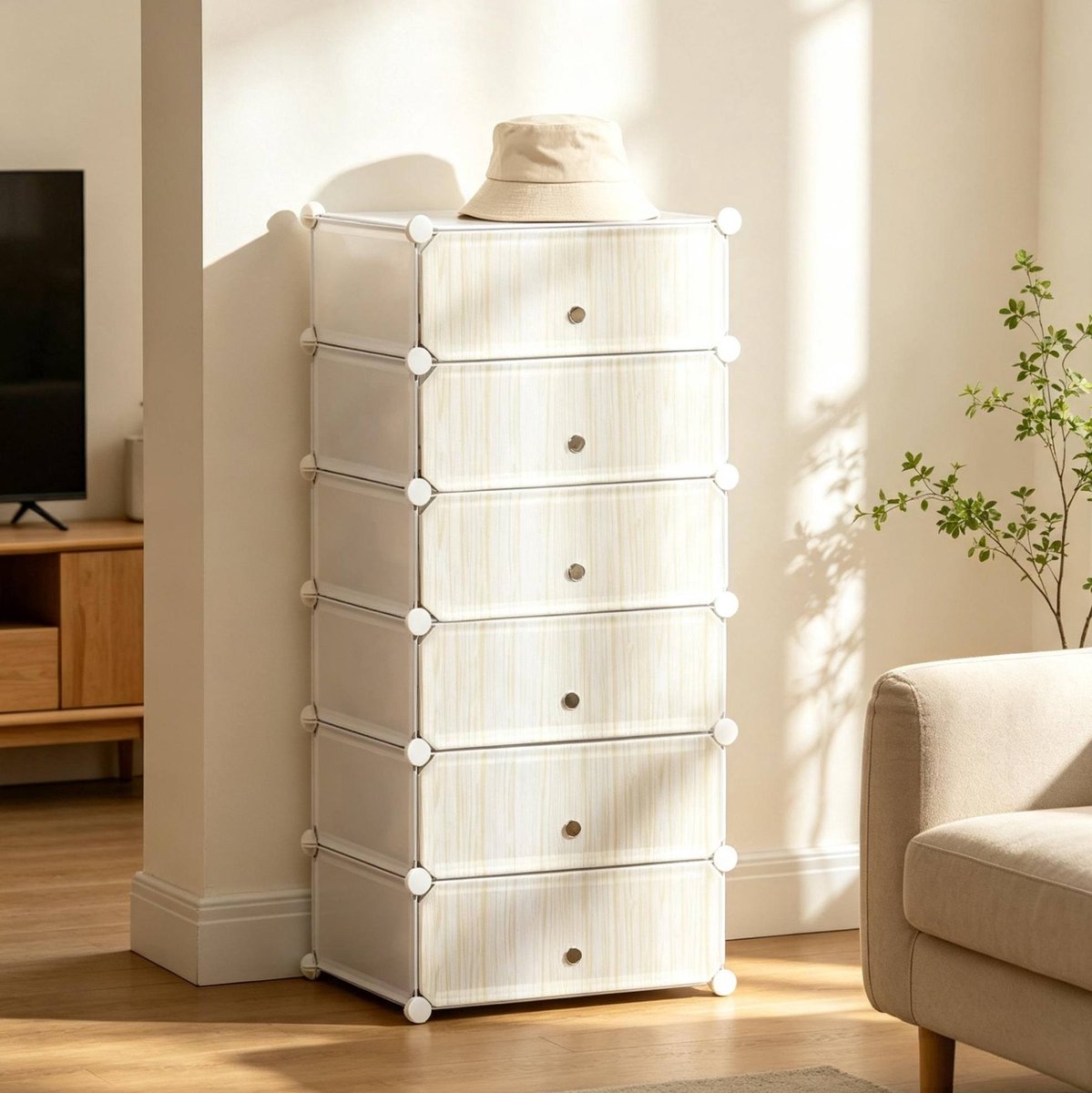 Stapelbare Opbergkast - Modulaire Schoenenkast Met 6 Vakken En Transparante Deuren - Wit Met Houtnerf - 49x36,5x108 Cm