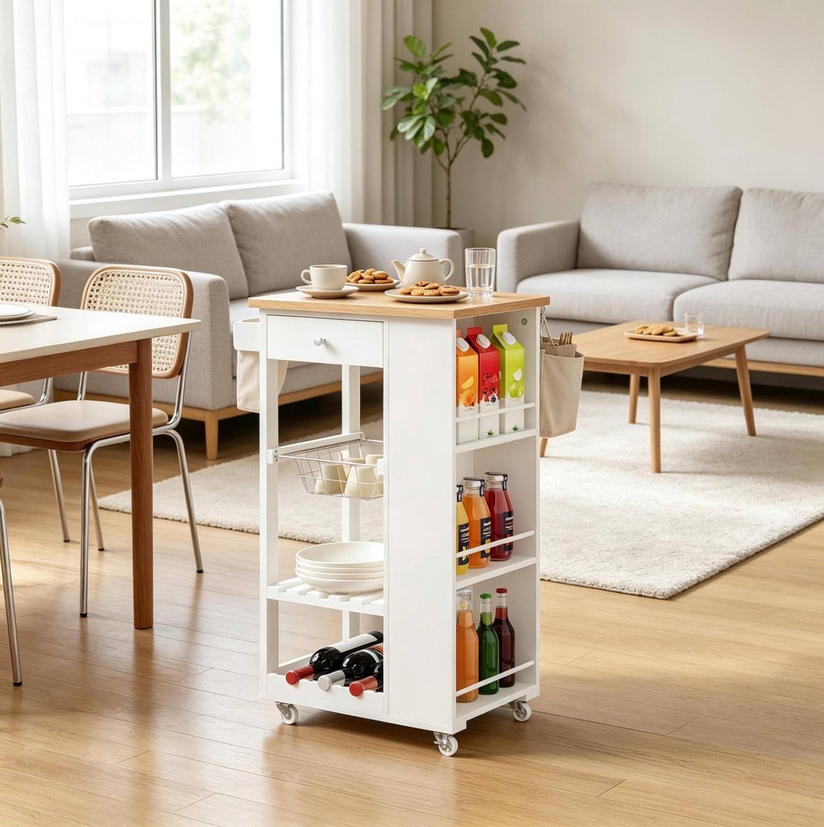 OKWISH Keukenwagen Met Wijnrek - Met Lade En 3-Laags Zijrek - Verrijdbare Serveerwagen Voor Keuken En Woonkamer - Wit Bamboe - 50x37x87 Cm