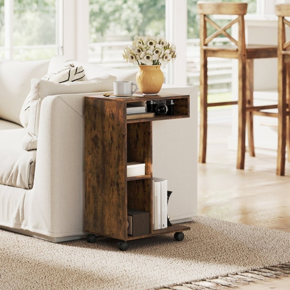 OKWISH Bijzettafel C Vormig Met 4 Wielen En 3 Open Vakken Voor Bank En Bed Rustiek Bruin Hout 40 X 30 X 69 Cm