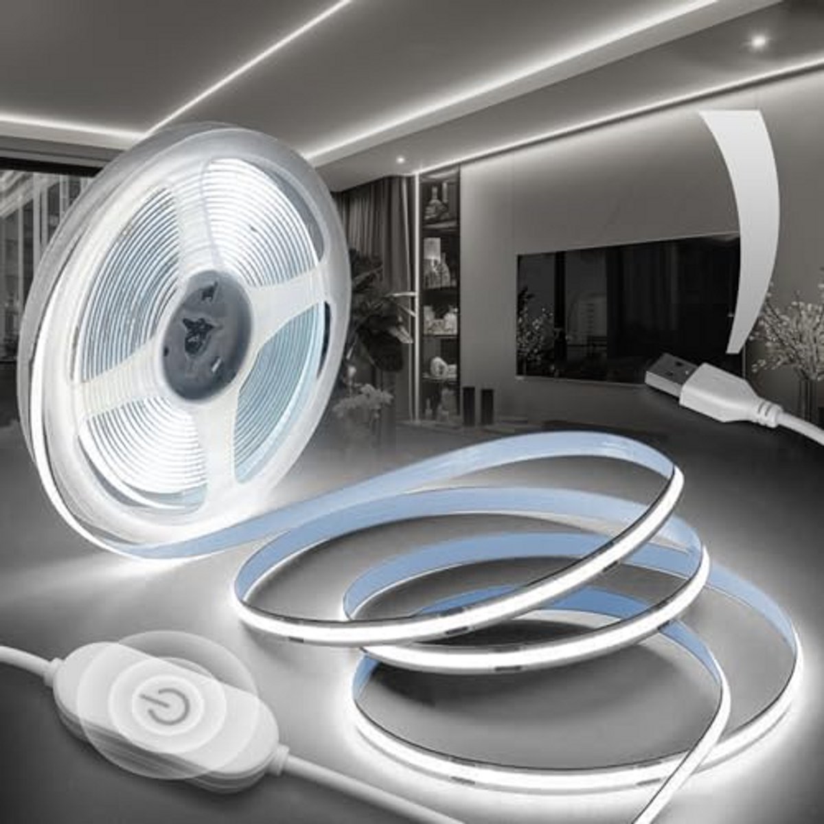 USB 5V COB LED Stripes Dimable 2M Self-Adhesive 320LEDs/M Cold White 6000K, TV Lighting Led Strip Lights CRI90+ Flexible Light Band, for Bedroom, Mirror Decoration Kitchen [Energy Class F]