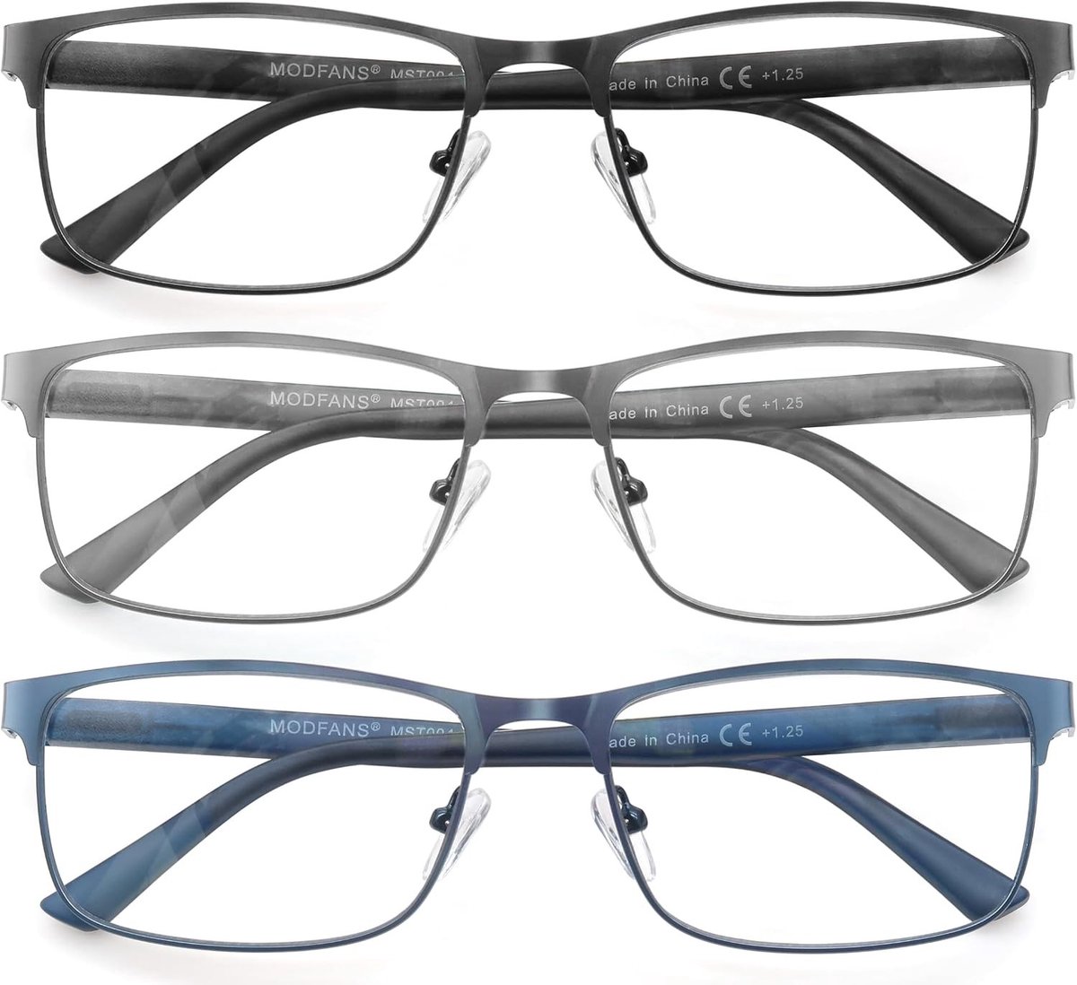 Set van 3 Leestinten voor Dames en Heren, Blauw Lichtfilter, Metalen Frame, Rechthoekig Ontwerp, Duurzaam RVS Materiaal