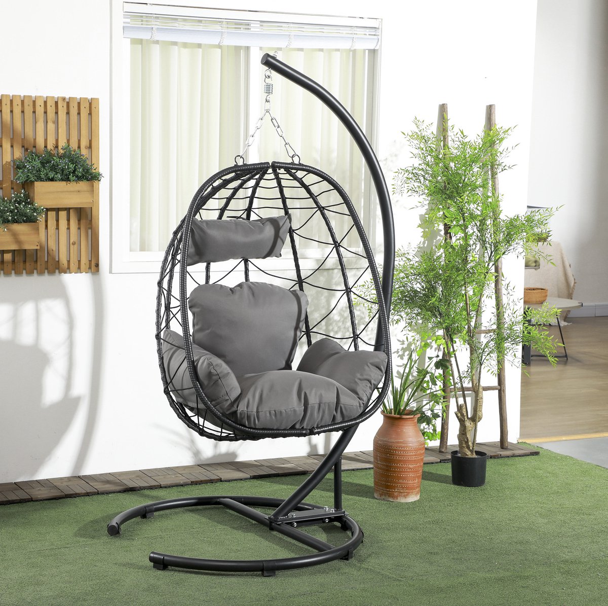 REDOM - Hangstoel met standaard - Rattan mandstoel - Inklapbaar ontwerp - Met kussens en waterdichte hoes - Voor tuin, balkon en binnen - Metaal en polyrattan - 195 cm - 102 x 102 cm