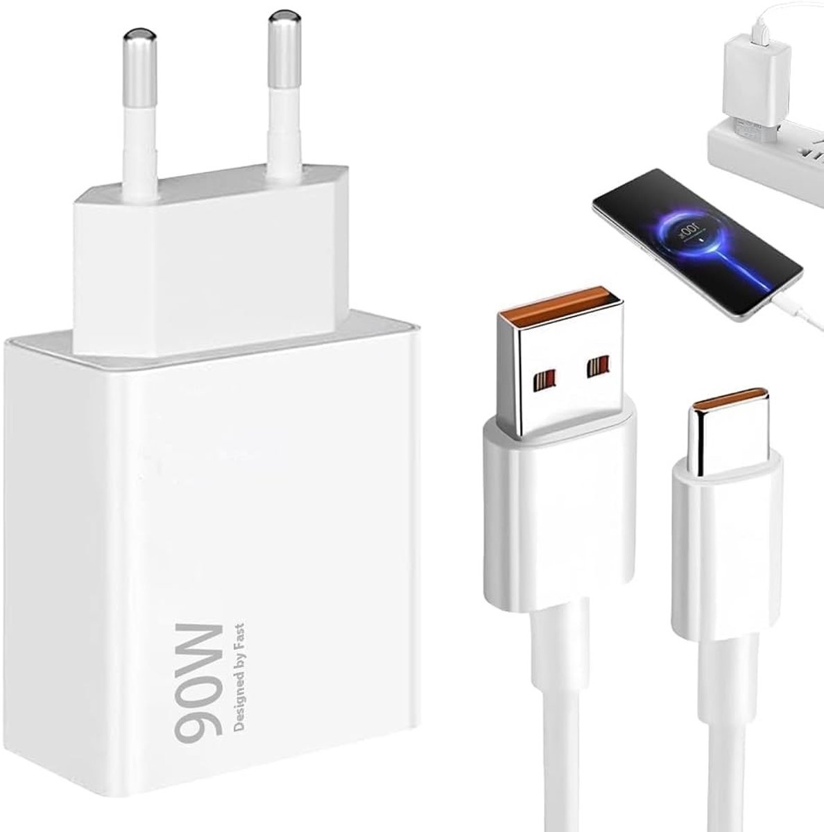 Krachtige 90W Snellader met 1.5m USB-C Kabel voor iPhone 15, 14, 13 en Android Smartphones